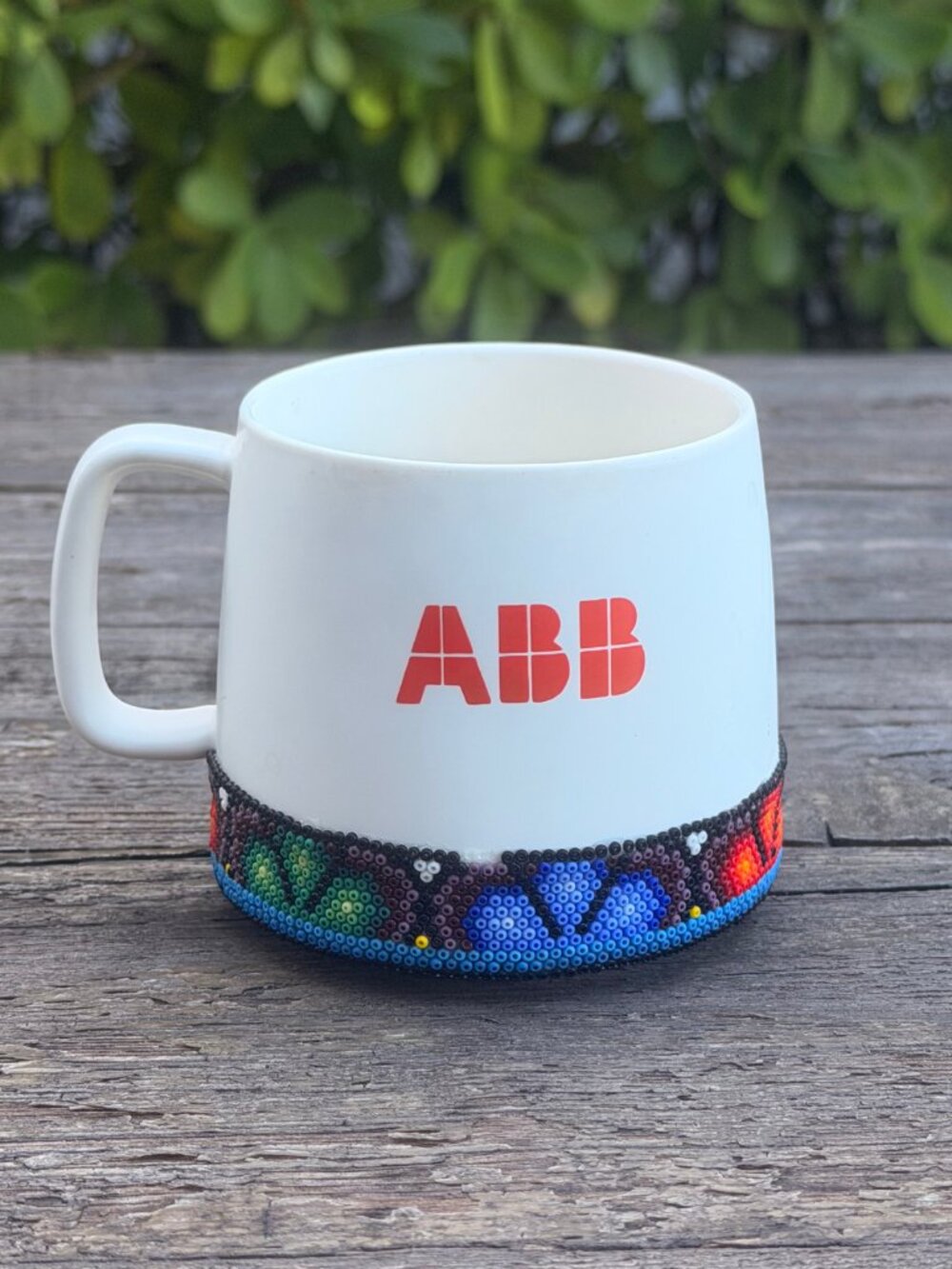 Vintage ABB White Beaded Coffee Mug Aztec Bead Design Retro 70's Style Trim
